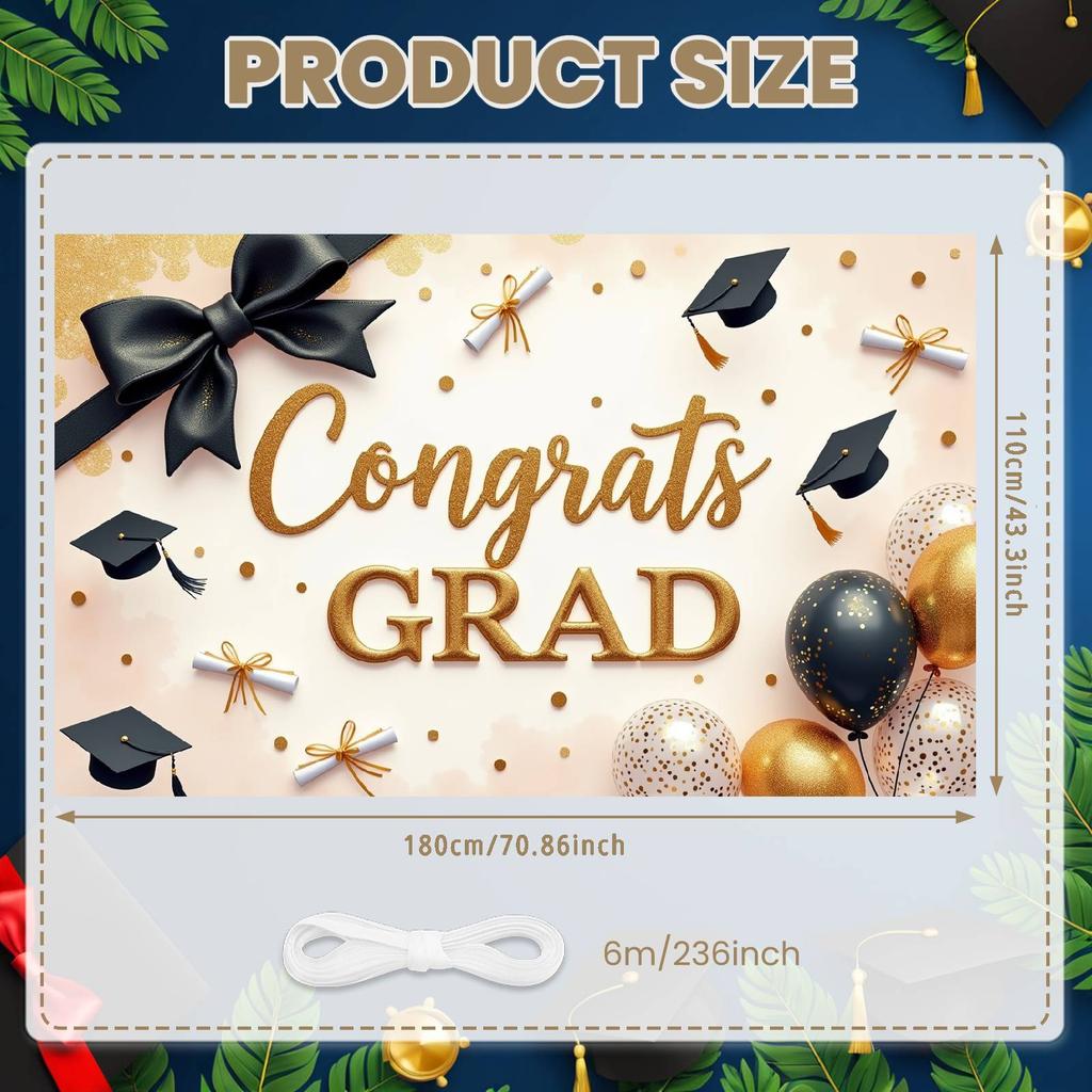 Congrats Grad Background Graduation Cap Grad Event Banner Graduation Celebration Banner Black Gold  Grad Party Banner