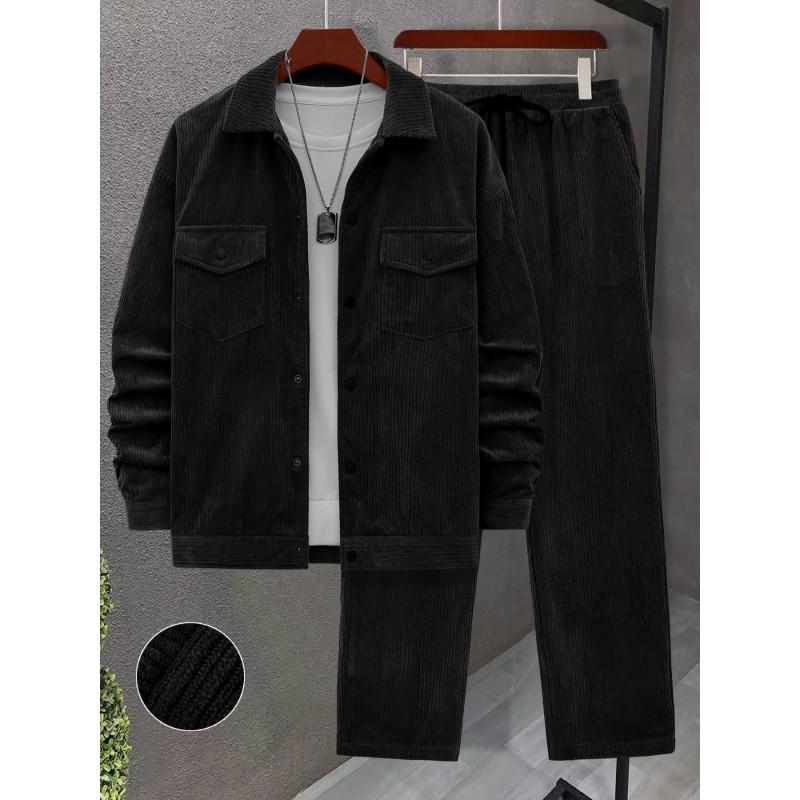 Mens Corduroy Textured Long Sleeve Workwear Jacket Drawstring Casual Pants Set Coffee Blue Black