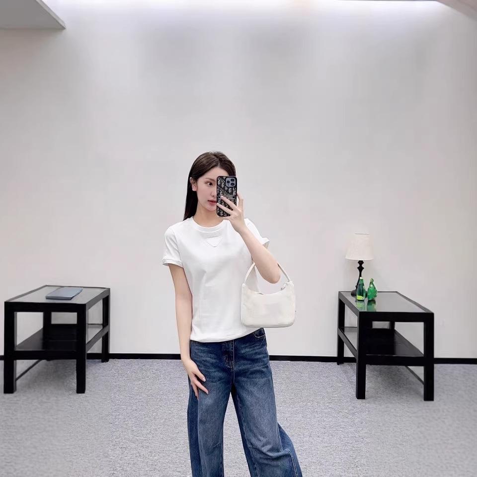 26 Early Spring High-Quality Underwire Short-Sleeve Triangle Logo Slimming Cotton T-Shirt - White Trendy Brand