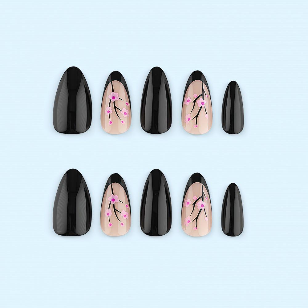 Elegant Black Glossy French Peach Blossom Fake Nails - 24-Piece High-End European and American Style Nail Art Set