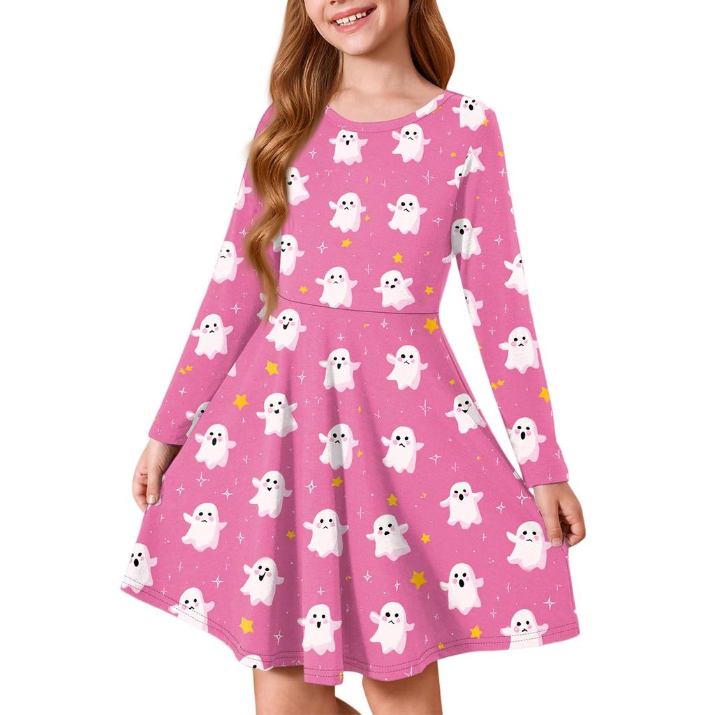 Girls' Summer Princess Dress Halloween Day- Long Sleeve A-Line T-Shirt Dress