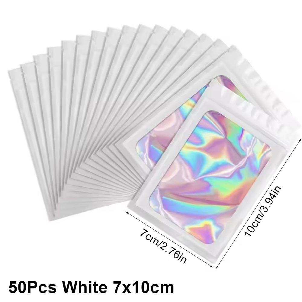 

50 шт. Голографічний Лазерний Колір Зіп-пакет Пластиковий Пакувальний Пакетик Ювелірні Вироби Роздрібна Торгівля Подарунок Зберігання White 7x10cm