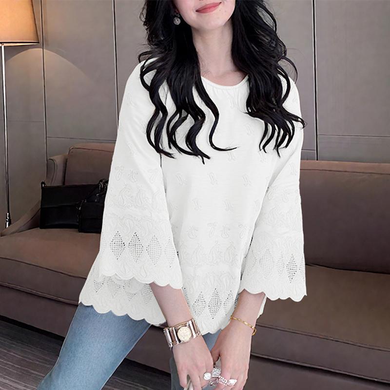 

ZANZEA Женская блузка с круглым вырезом, рукавом 3/4, свободного кроя, в стиле кэжуал, с вышивкой и лоскутной отделкой S белый