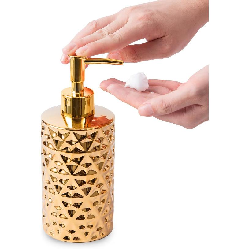 Gold Bathroom Countertop Soap Dispensers,Luxury 12 oz Refillable Soap Dispenser Bathroom,Brushed Gold Ceramic Hand Lotion Dispenser Soap Dispenser