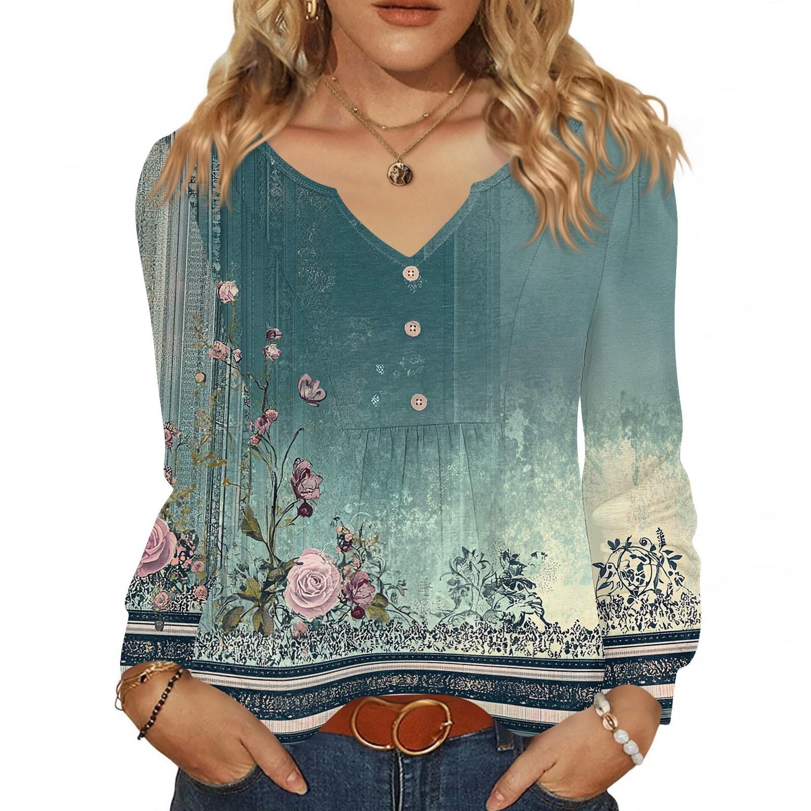 

Женская модная повседневная блузка с V-образным вырезом на пуговицах, с длинным рукавом, пуловер, футболка, топ XL синий