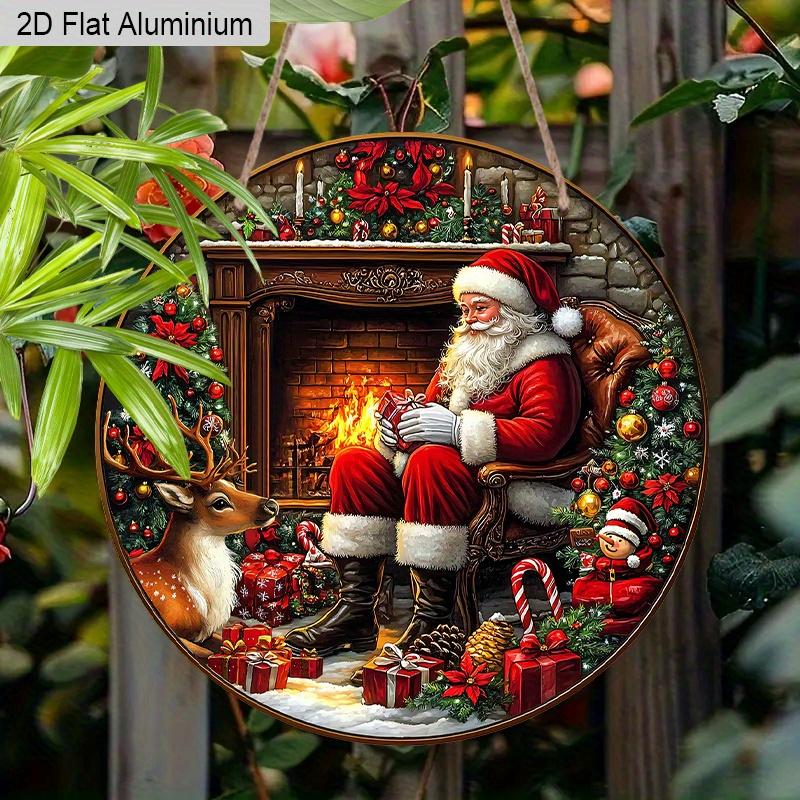 2D Flat Aluminium Merry Christmas Sign with Santa Claus & Fireplace Pattern - Warm Winter Figurine Ornaments - Ideal for Front Door, Wall, Porch