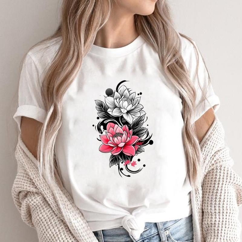 (Asian Size) O-neck Short Sleeve T-shirts Print Casual Top T trend flower style Graphic Tee Fashion Female Women's Clothing