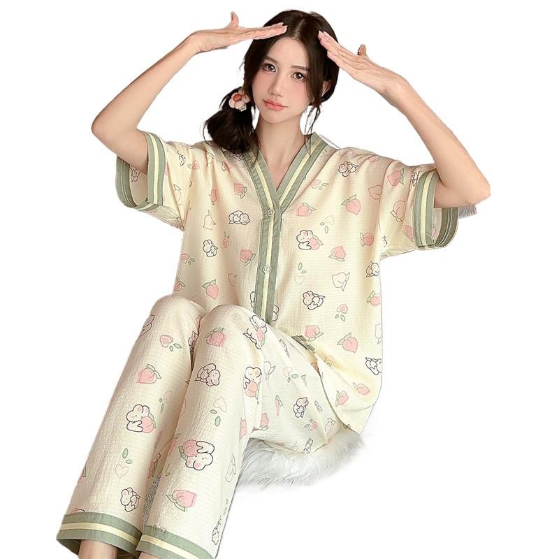 Thin Pajamas Girl Spring and Summer Cute Cartoon Print Short-sleeved Trousers Set Wrinkled Texture Breathable Loungewear