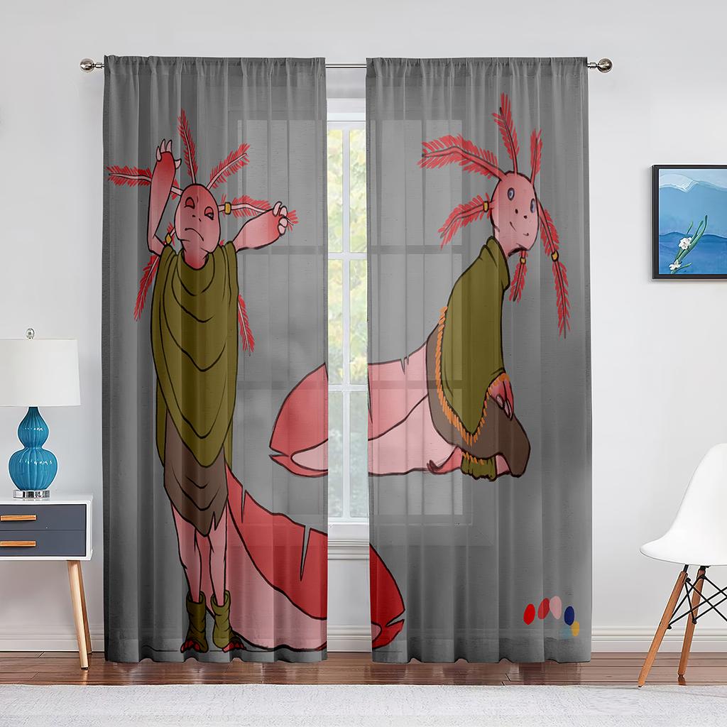 Cartoon Watercolor Axolotl with Hat Sheer Voile Curtain Sealife Reptiles Chiffon Tulle Curtains for Living Room Bedroom Drapes