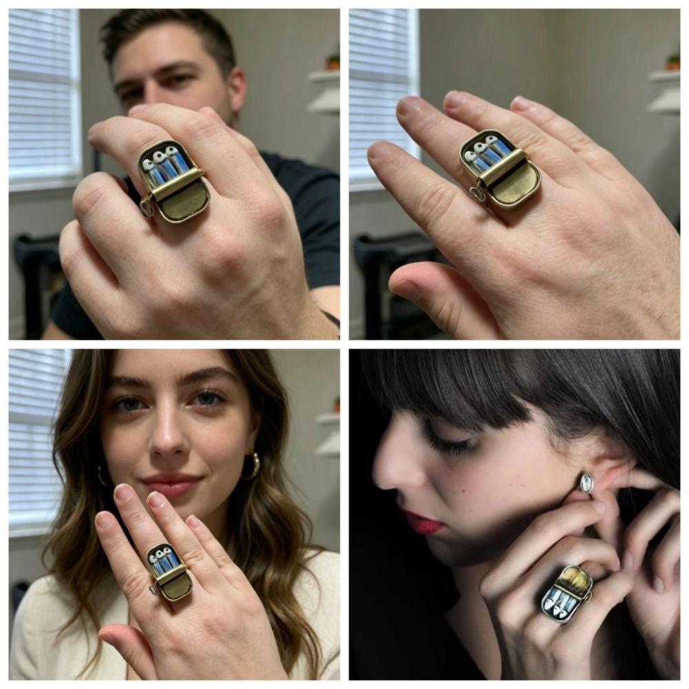 Unique Sardines Finger Ring Gold Silver Fun Rings Fashionable Sardine Can Rings  Women Men