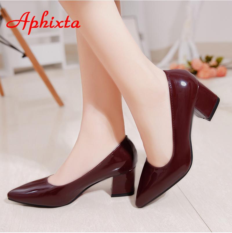 Fashion Aphixta 5cm Square Heels Patent Leather Red Pumps Shoes Woman Classics Pointed Toe Dress Official Pumps Party Plus Size 49 50
