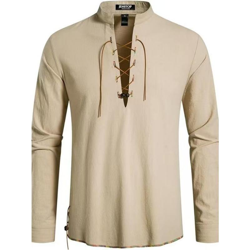 High Quality Men's Shirt Henry Long Sleeve Casual Beach Men's Stand-Up Collar Hippie Shirt
