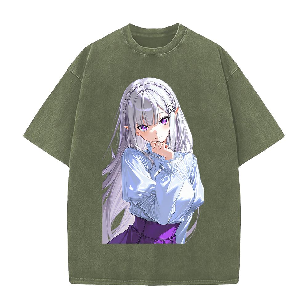 Hot Anime Re ZERO Emilia Kawaii Print T-shirt Men Women Short Sleeve Clothing Cotton Tshirt Retro Washed T Shirt Male Manga Tops