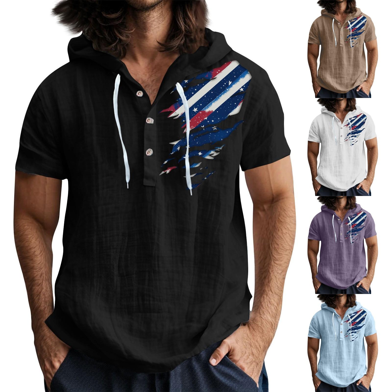 

Men S Casual Short Sleeved Hooded Top Buttoned Open Neck T-Shirt XL