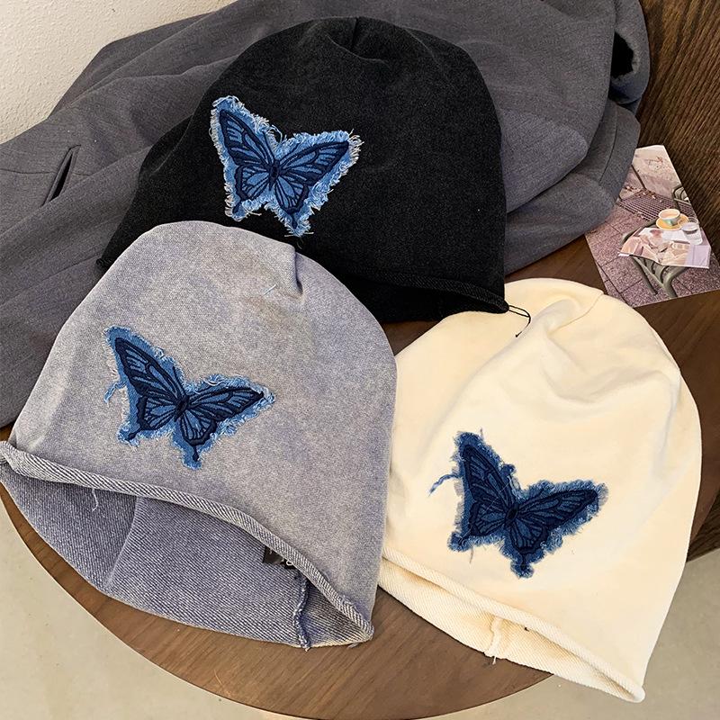 Women's Butterfly Retro Knitted Hat - Autumn/Winter Warm, Solid Color, Rolled Edge Pullover, Small Face Enhancing Design