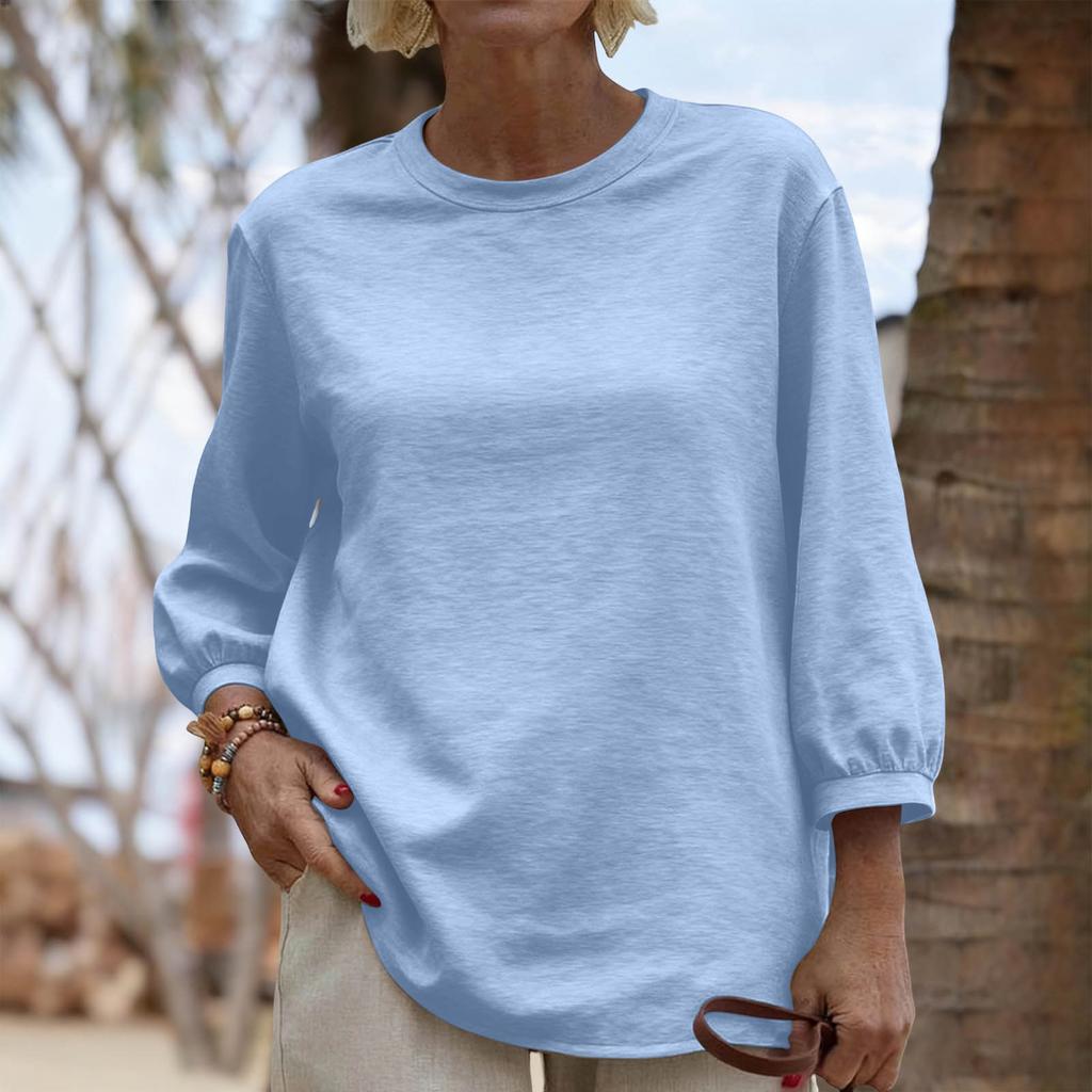 Women Loose Fit Crew Neck Three Quarter Sleeve Casual Solid Pullover Top Comfortable Relaxed Basic T Shirt Blouse