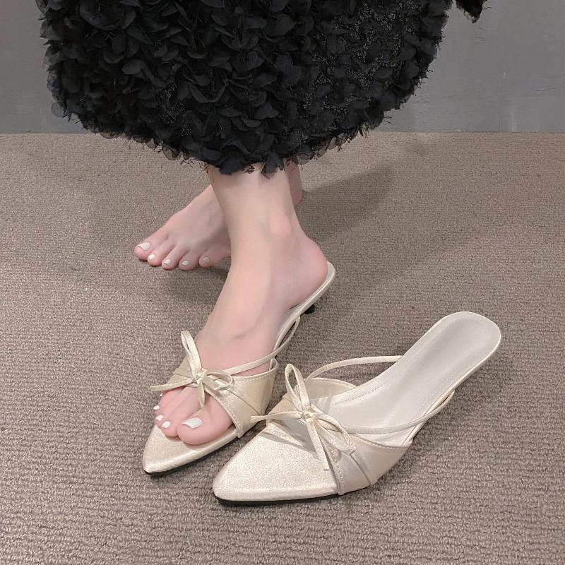Fashion New Butterfly Knot Pointed Toe Slim-heel Flip-flops for Summer Women's Open-toe Satin Low-heel Non-slip Slippers