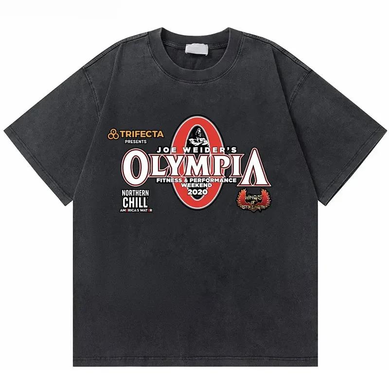 T-shirt Vintage Lavate Olympia Amateur Corea Stampa Double Face Uomo Fitness Palestra Copri Muscoli T-shirt Moda Maschile T-shirt Oversize
