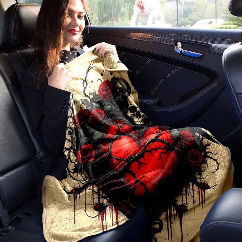1 Stück Gothic Herz mit Raben Schädeln und Roten Rosen Decke Weicher Überwurf für Heimdekoration, Geschenkidee, Wohnzimmer, Reisen, Camping, Auto Decken