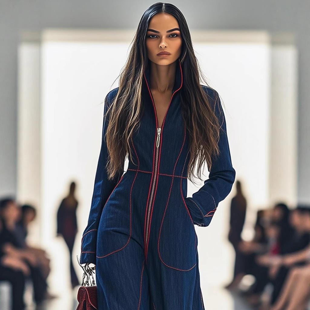 Women's Zip Up Long Sleeve Denim Jumpsuit Slim Fit V Neck Wide Leg Jumpsuit With Pockets