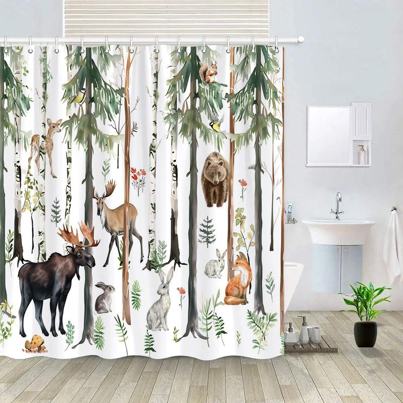 Winter Forest Animals Shower Curtain Black Bear Fox Deer Squirrel Rabbit Watercolour Art Scenery Bath Curtain Set Bathroom Decor