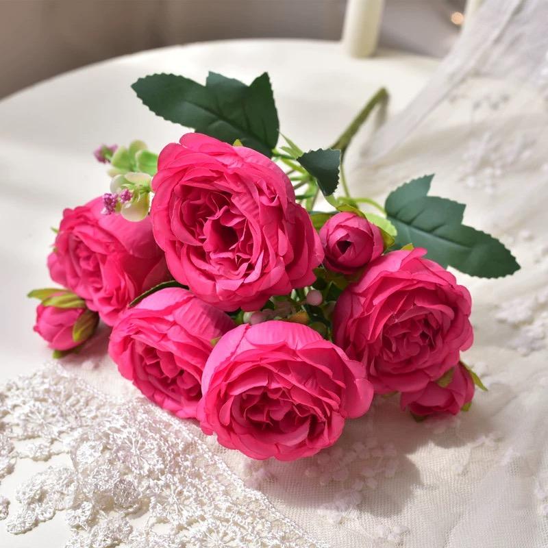 30cm Gül Pembe İpek Buket Şakayık Yapay Çiçek 5 Büyük Kafa 4 Küçük Tomurcuk Gelin Düğün Ev Dekorasyon Yapay Çiçek