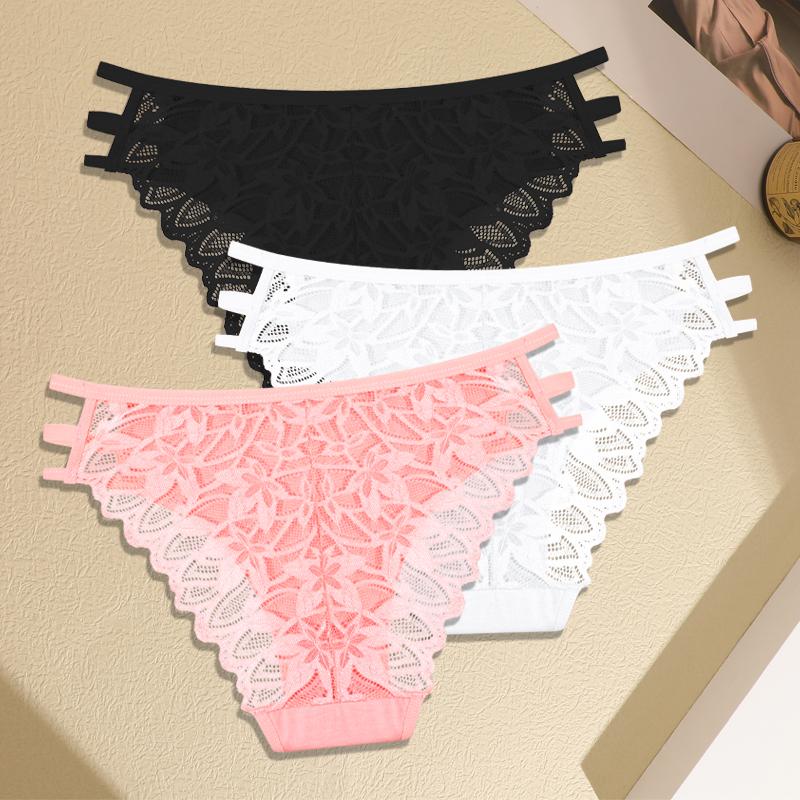 3Pcs Women's Three Belts Underwear Sexy Lace Hollow Out Panties Female Low-Waist Breathable Briefs Stretch Soft Lingerie