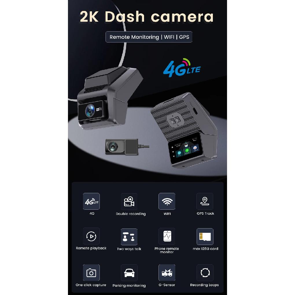 2K 4G 3Inch Dashcam with Dual Lens Record Wifi Gps Tracking Fit Remote Live Video Check On Phone 12-24v Power Supply Car Camera