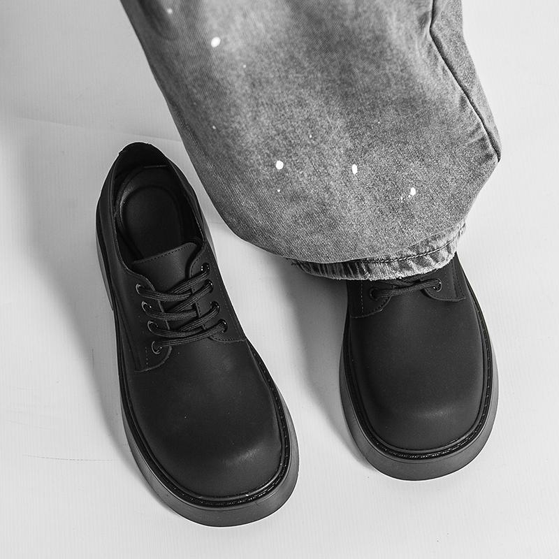 Men Four Seasons Derby Shoes, Wide Toe Thick Sole Trendy Business Casual Leather Shoes, Anti-slip Wear-resistant Work Footwear
