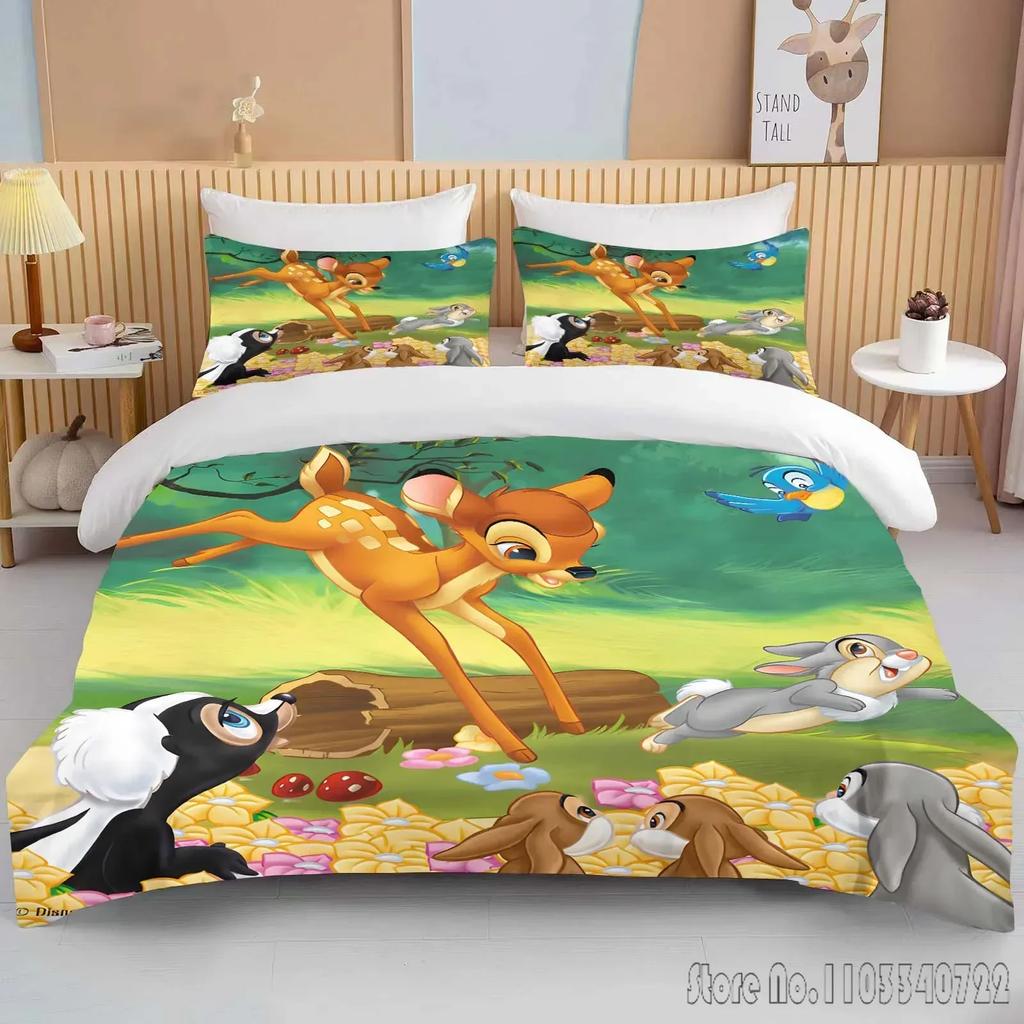 Miękki Zestaw Pościeli z Nadrukiem Bambi Poszwa na Kołdrę Anime Kołdra Dorosły Dzieci Prezent Urodzinowy Pełny Rozmiar King Size Zestaw Pościeli
