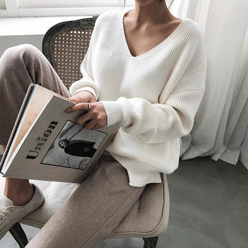 Pulover cu decolteu în V, simplu, cu tiv neregulat Pulover Top tricotat Femei