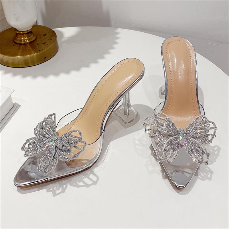 Pesstwei Sandals Street Mules Shoes Crystal Women Pumps Transparent High Heels Size 35-41