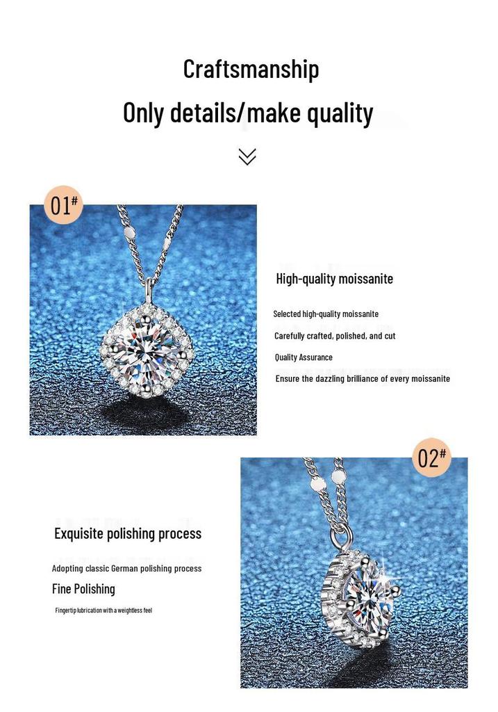925 Sterling Silver Moissanite Necklace with Light Luxury Square Pendant - 1 Carat D Color Diamond for Women