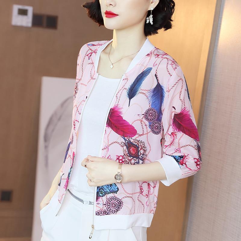 Summer Women Chiffon Jacket Thin Breathable Baseball Uniforms Long Sleeve Printed Jacket Loose Short Plus Size Sunscreen
