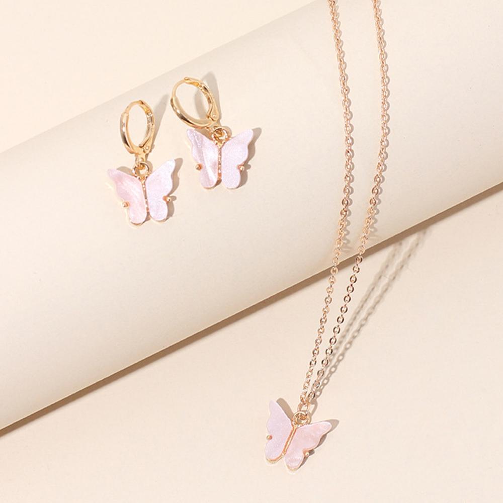 4 Piece Women Fashionable And Elegant Butterfly Pendants Forest Style Earrings Collarbone Chains Bracelets Temperament Set