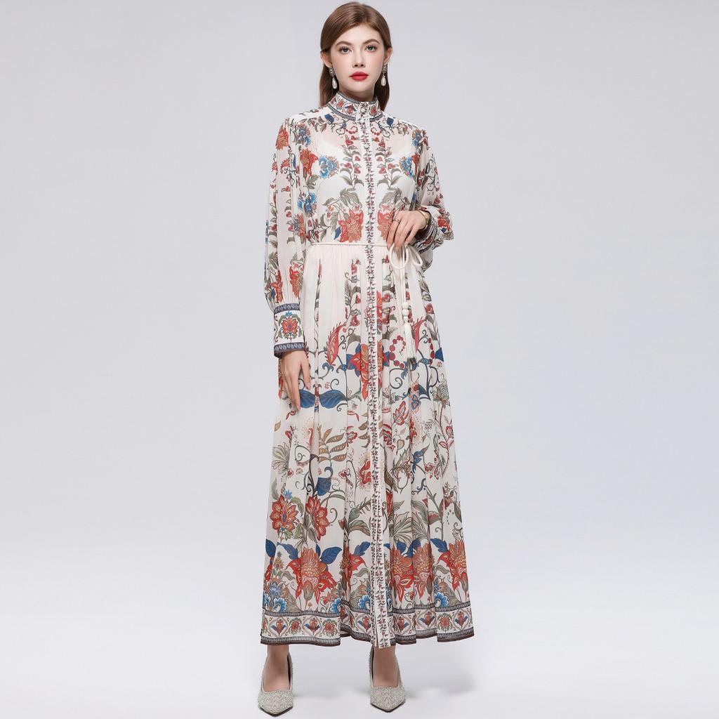 Robe de plage florale magnifique pour les vacances Printemps Été 2026 pour femmes Manches lanterne à col montant Boutonnage simple Ceintures Robe ample en mousseline