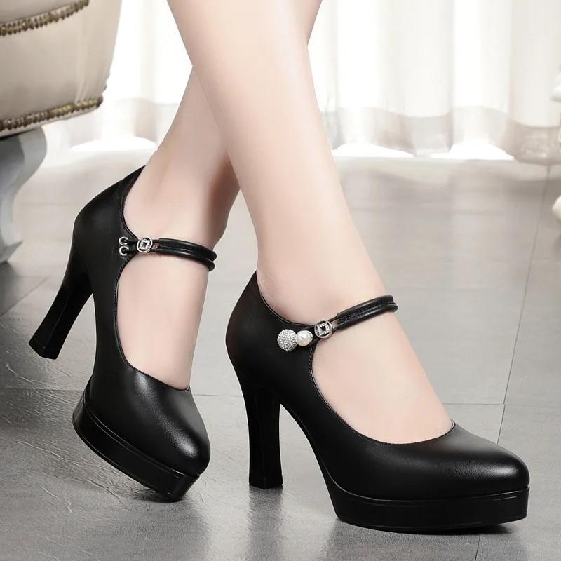 9cm Elegant Comfortable Shallow Soft Leather Shoes Platform Pumps Women 2025 Fall Block High Heels Shoes for Office Model Dress