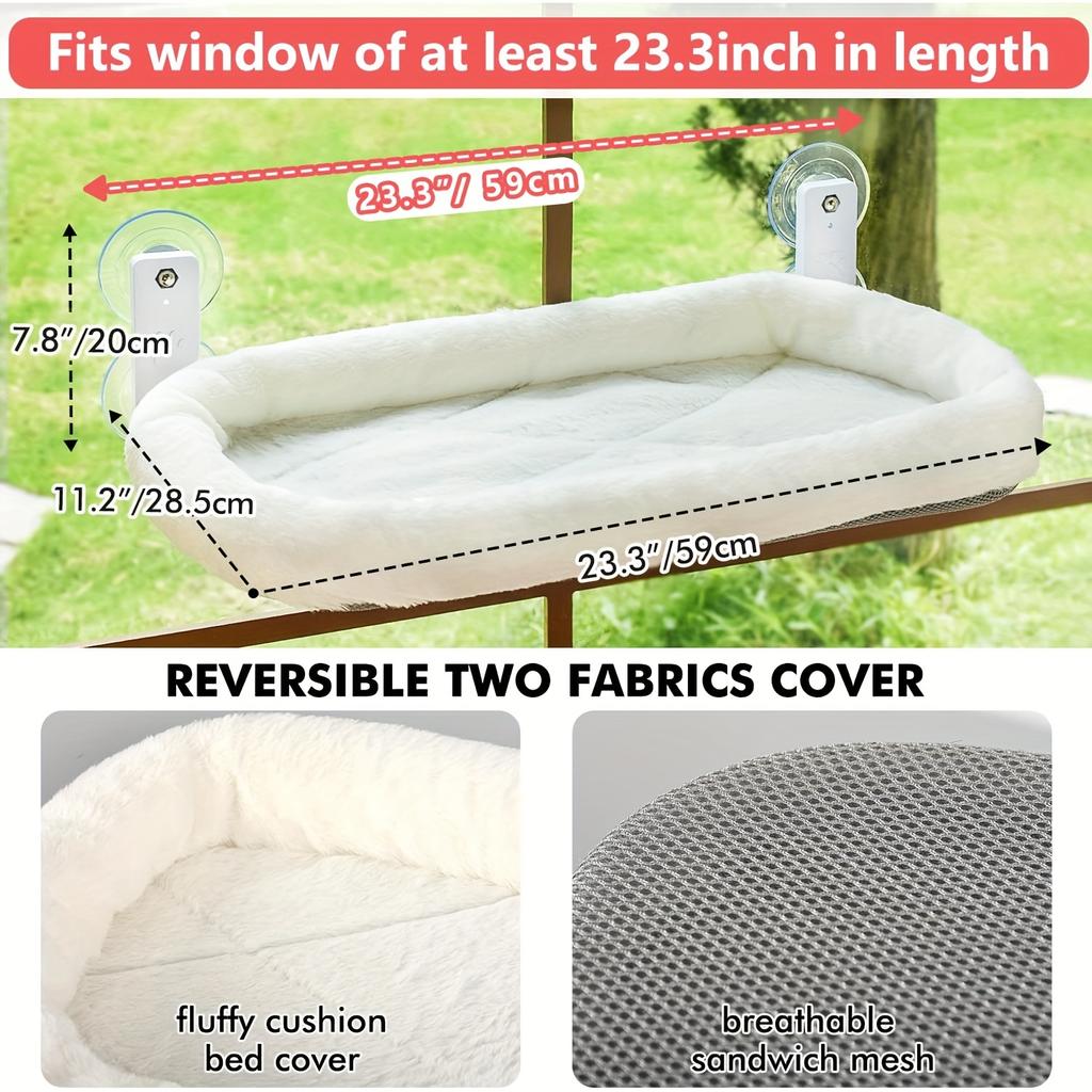 Deluxe Cordless Cat Window Perch Hammock with 4 Strong Suction Cups, Sturdy Metal Frame & Soft Plush Cover - Cozy Indoor Cat Bed