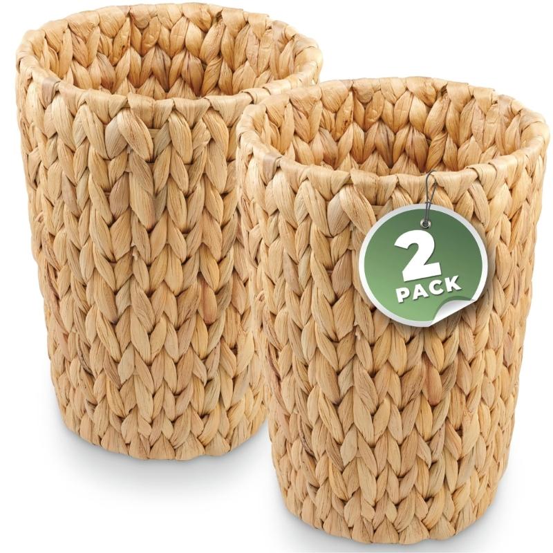 Multiuse Rattan Garbage Basket Modern Weaving Pattern Rattan Trash Can for Home Office Bathroom Kitchen Tight Space