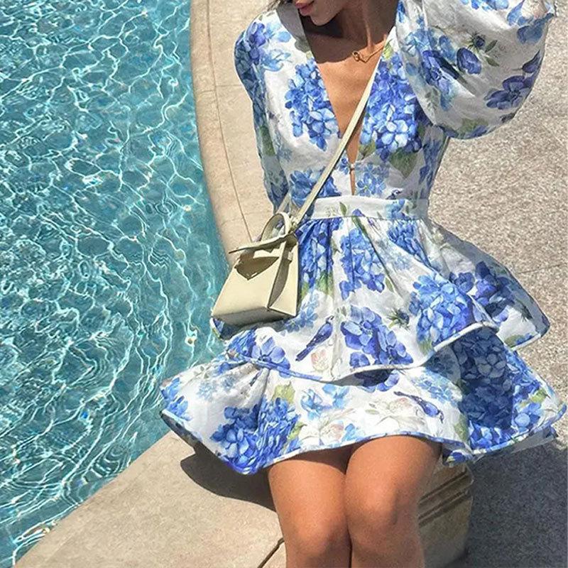 Elegant Print Ruffles Mini Dress Women Deep V Neck Long Sleeves A Line Dresses Female  Spring New Fashion Fluffy Robe Lady