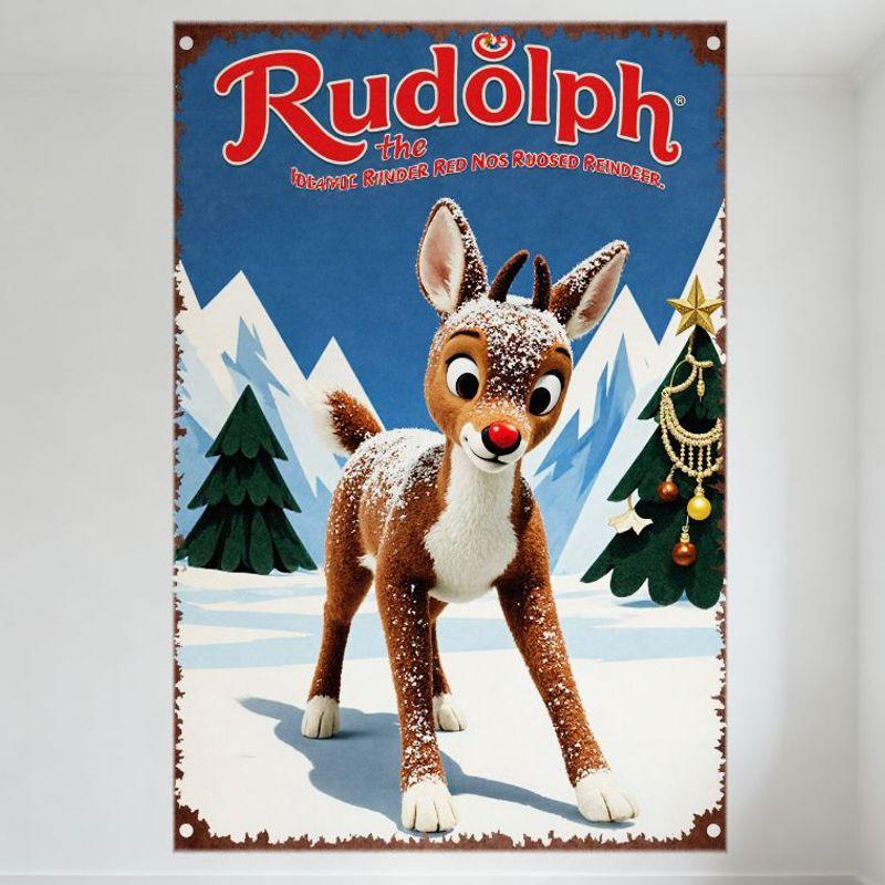 Rudolph the Red-Nosed Reindeer Metal Tin Sign Vintage Christmas Wall Decor Snowy Landscape Evergreen Trees Decoration for Home B