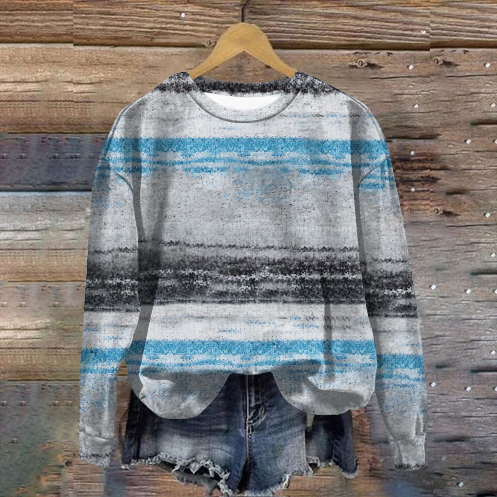 

Женская мода ChristmasPrinted с длинным рукавом свободный круглый вырез толстовка Топ XXXL синий