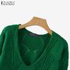 ZANZEA Autumn Women V Neck Long Sleeve Hollow Out Casual Knitted Sweaters Jumpers