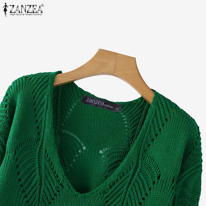 ZANZEA Autumn Women V Neck Long Sleeve Hollow Out Casual Knitted Sweaters Jumpers