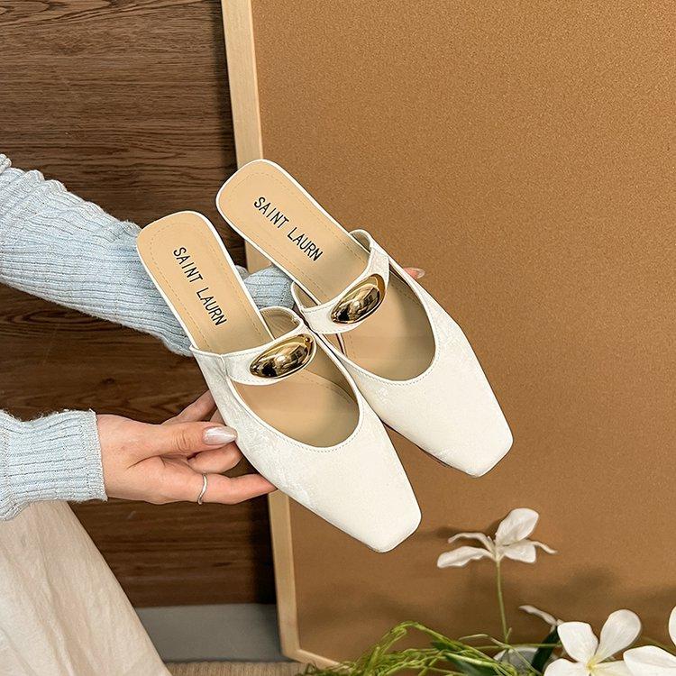 

Soft leather version~ Baotou slippers women s 2025 new summer wear fashion temperament versatile square head thick heel half slippers 35