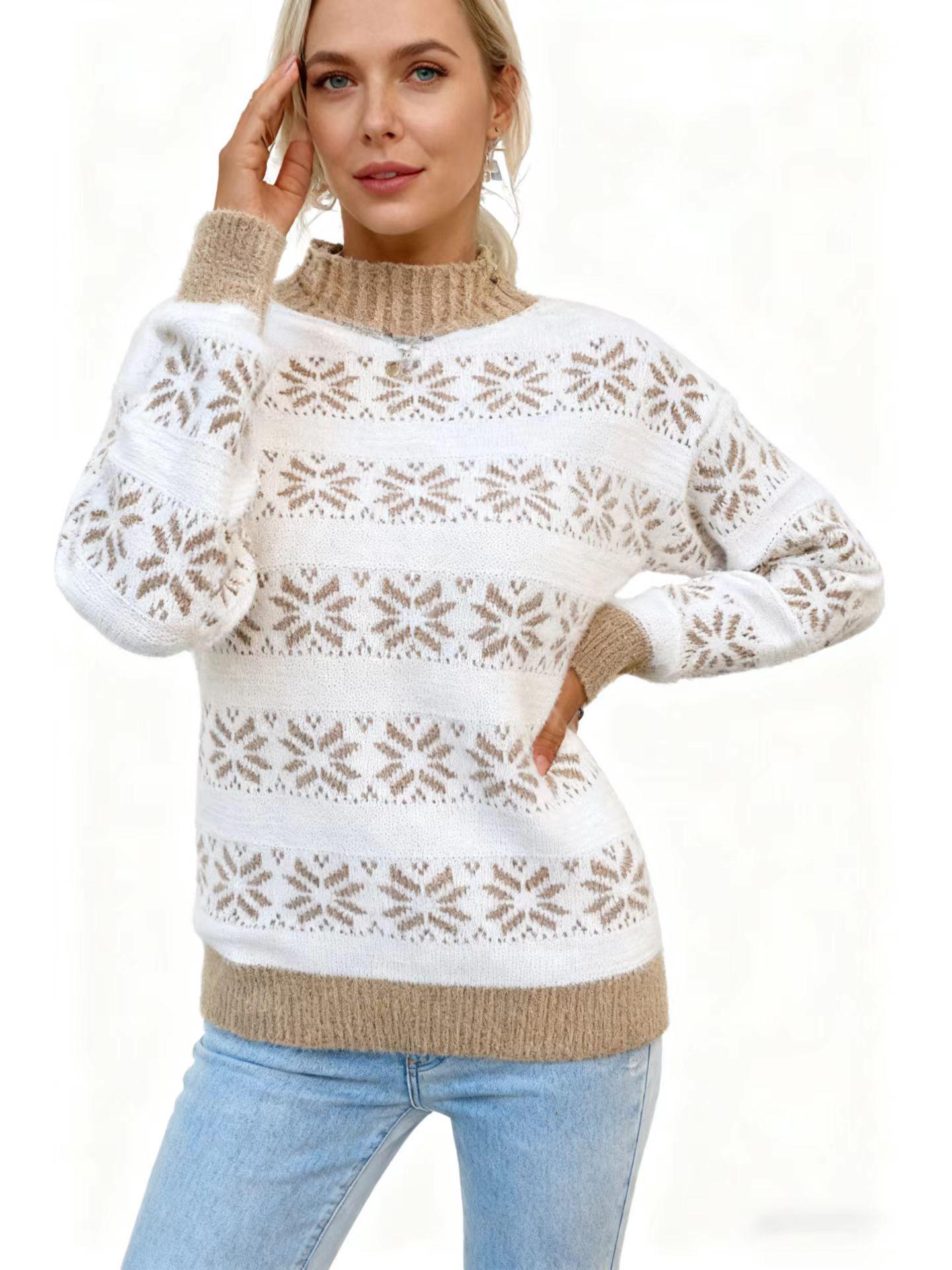 

2025 Autumn/Winter Women s European & American Snowflake Pattern Semi-High Neck Sweater S хакі