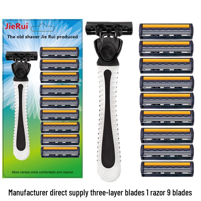 Men's Classic Three-Layer Stainless Steel Razor with 1 Handle & 9 Blades