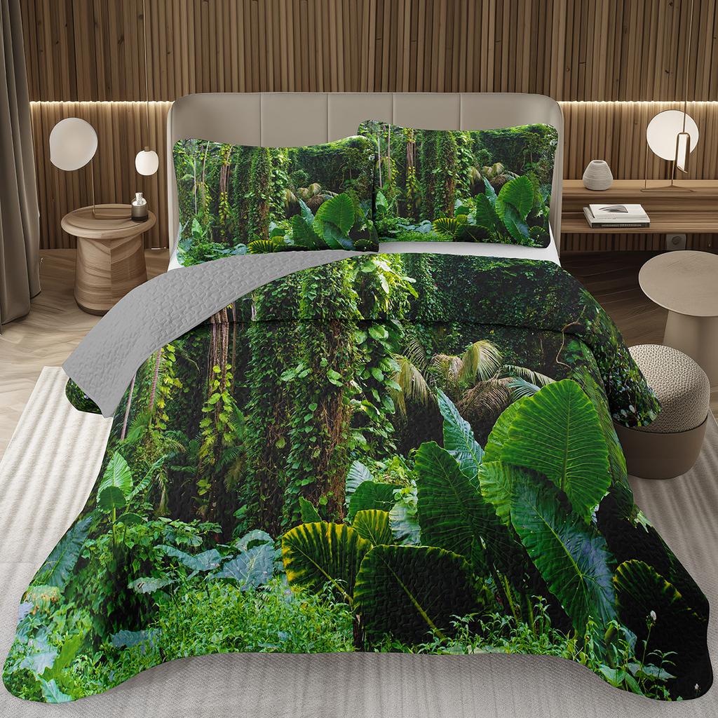 Forest Bedspread King/Full Magical Woodland Jungle Coverlet Set Dreamy Misty Scene Quilted Bedding Set Reversible Grey Bed Cover