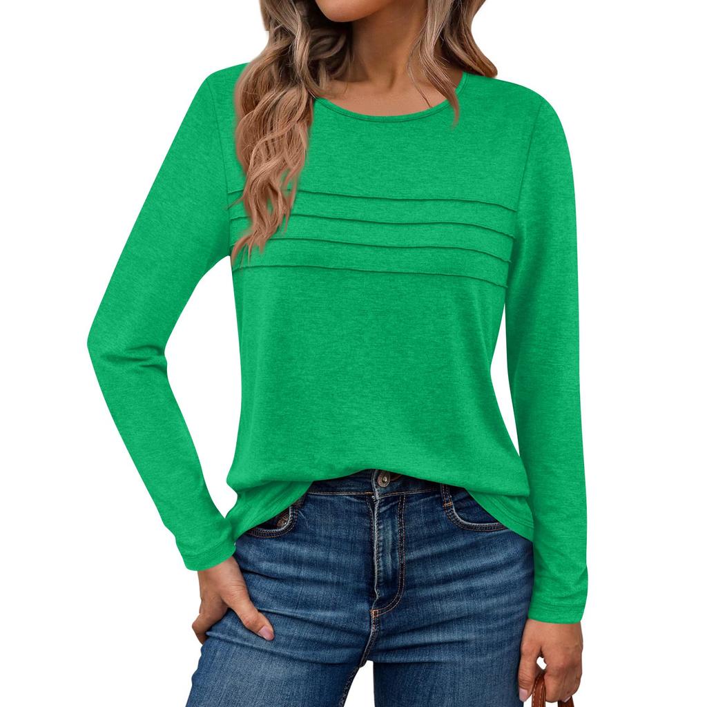 Long Sleeve Shirts For Women Pleated Solid Color Casual Blouses Fashion Basic Round Tops