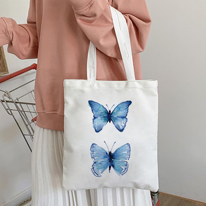 Women Kawaii Canvas Shoulder Bag Cartoon Print Ladies Shopping Bags Simple Grocery Handbags Tote Books Backpack School Bags